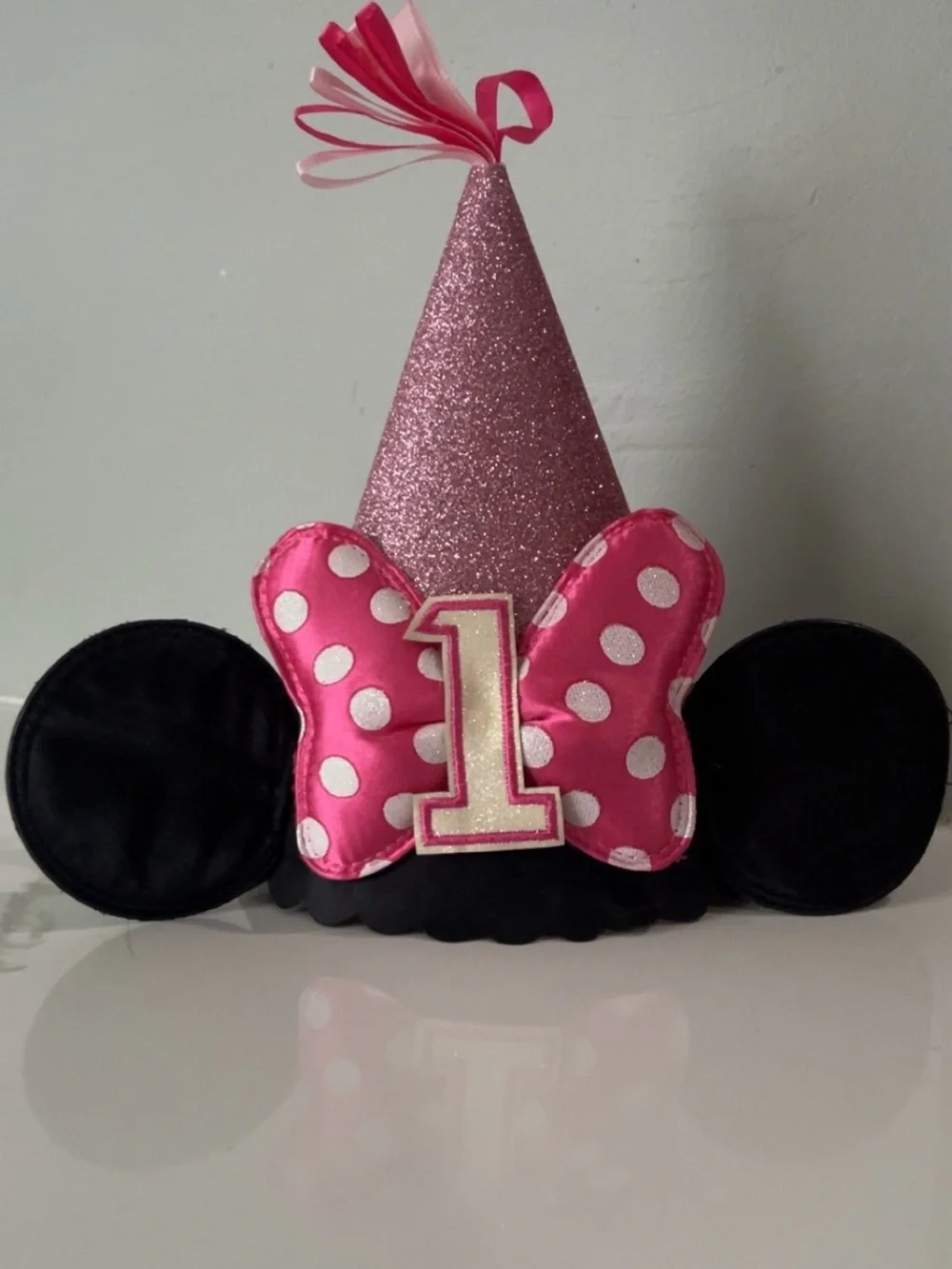 Girls' Pink Glitter Minnie-Style First Birthday Hat with Polka Dot Bow